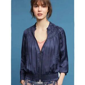 Anthropologie Love Sam Alexe Navy Ruffle Collar Embroidered Bomber Jacket S